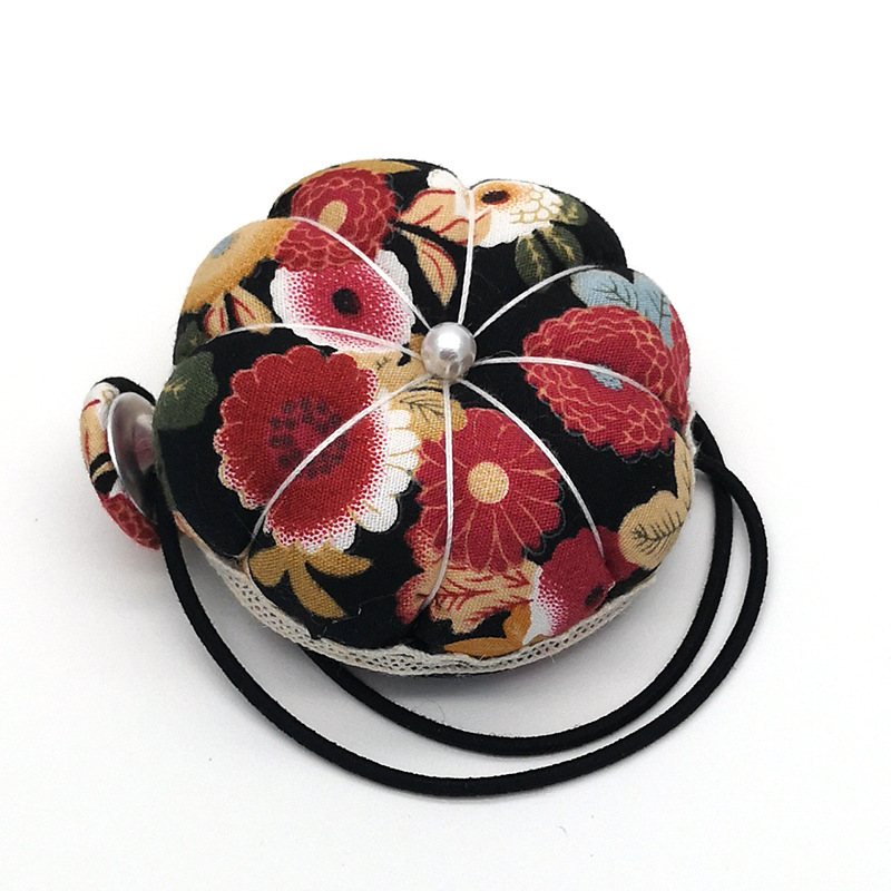 Pincushion with Wrist or Machine Strap - Black Floral